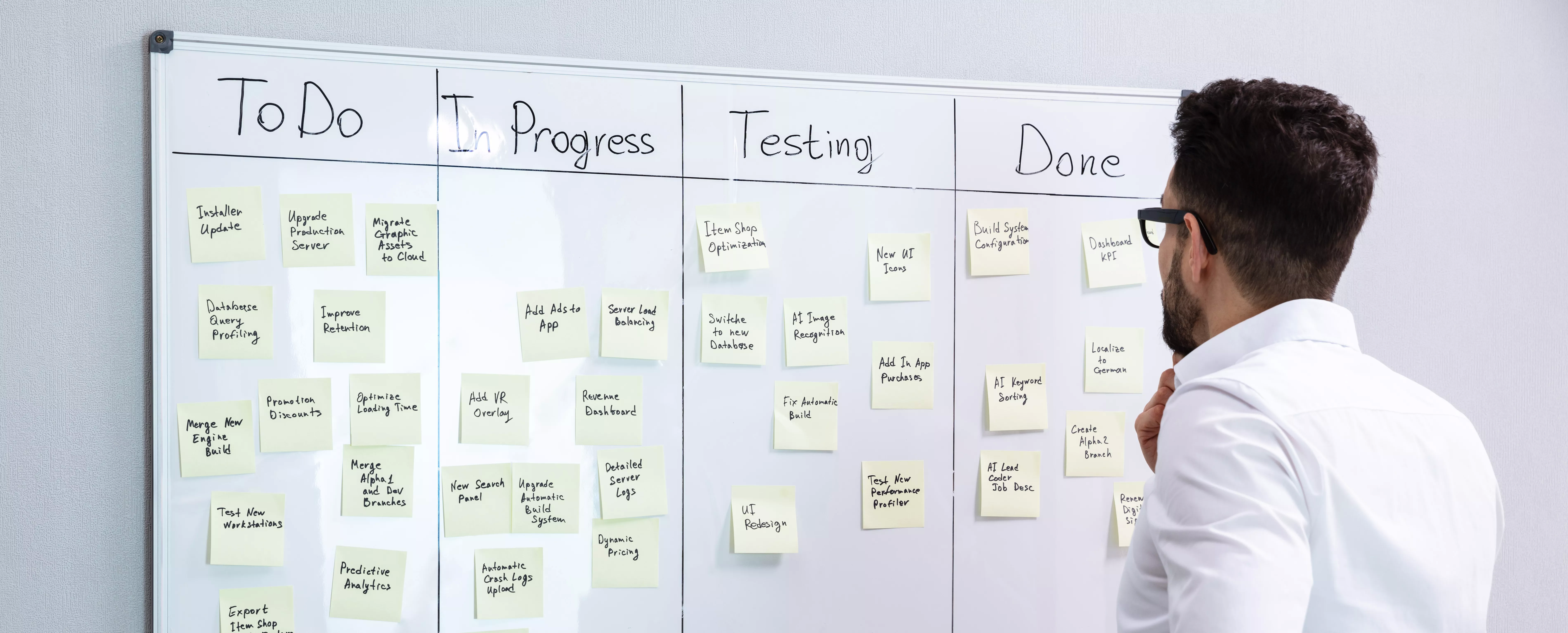 Foto eines KANBAN Boards mit einem Mann der davor steht und auf das Board schaut