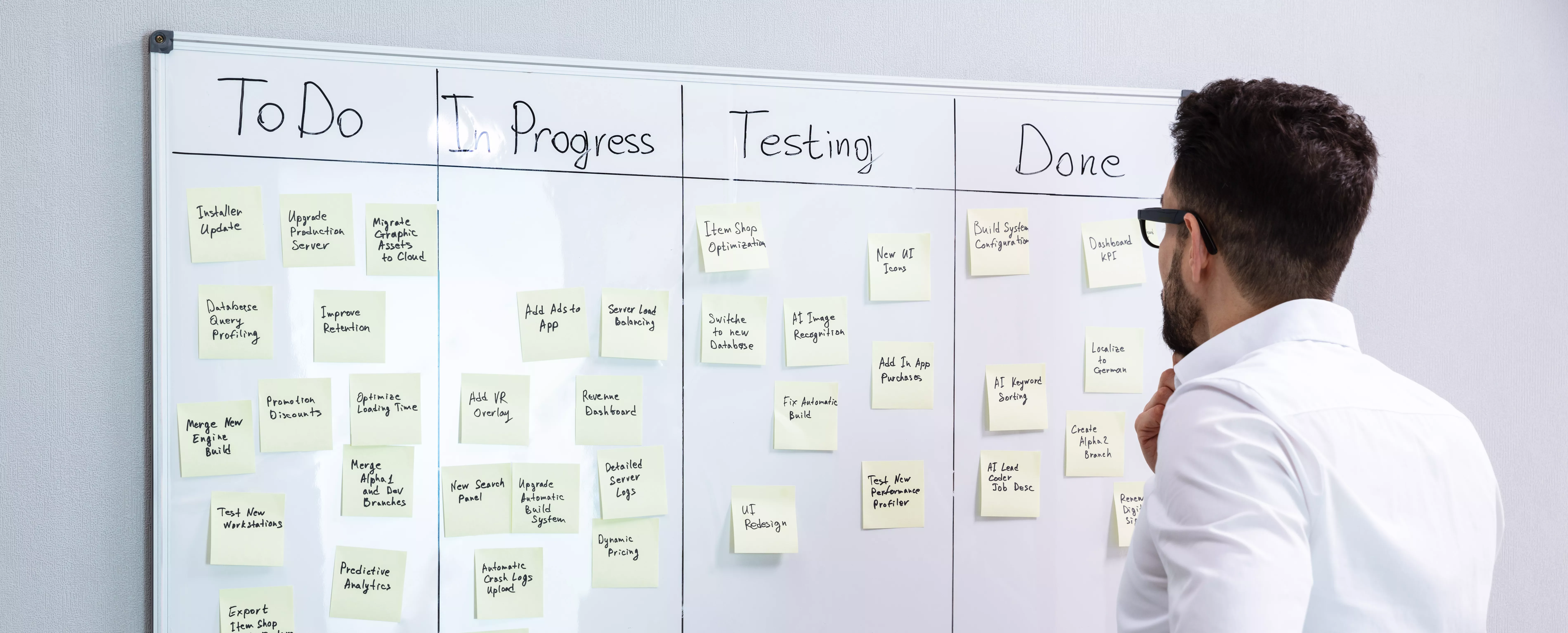Foto eines KANBAN Boards mit einem Mann der davor steht und auf das Board schaut
