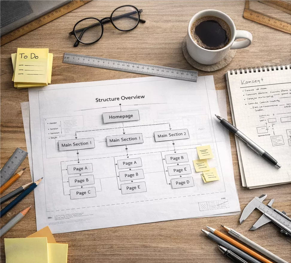 Schreibtisch mit Website-Strukturdiagramm, Notizbuch, Lineal, Stiften, Haftnotizen und einer Kaffeetasse.