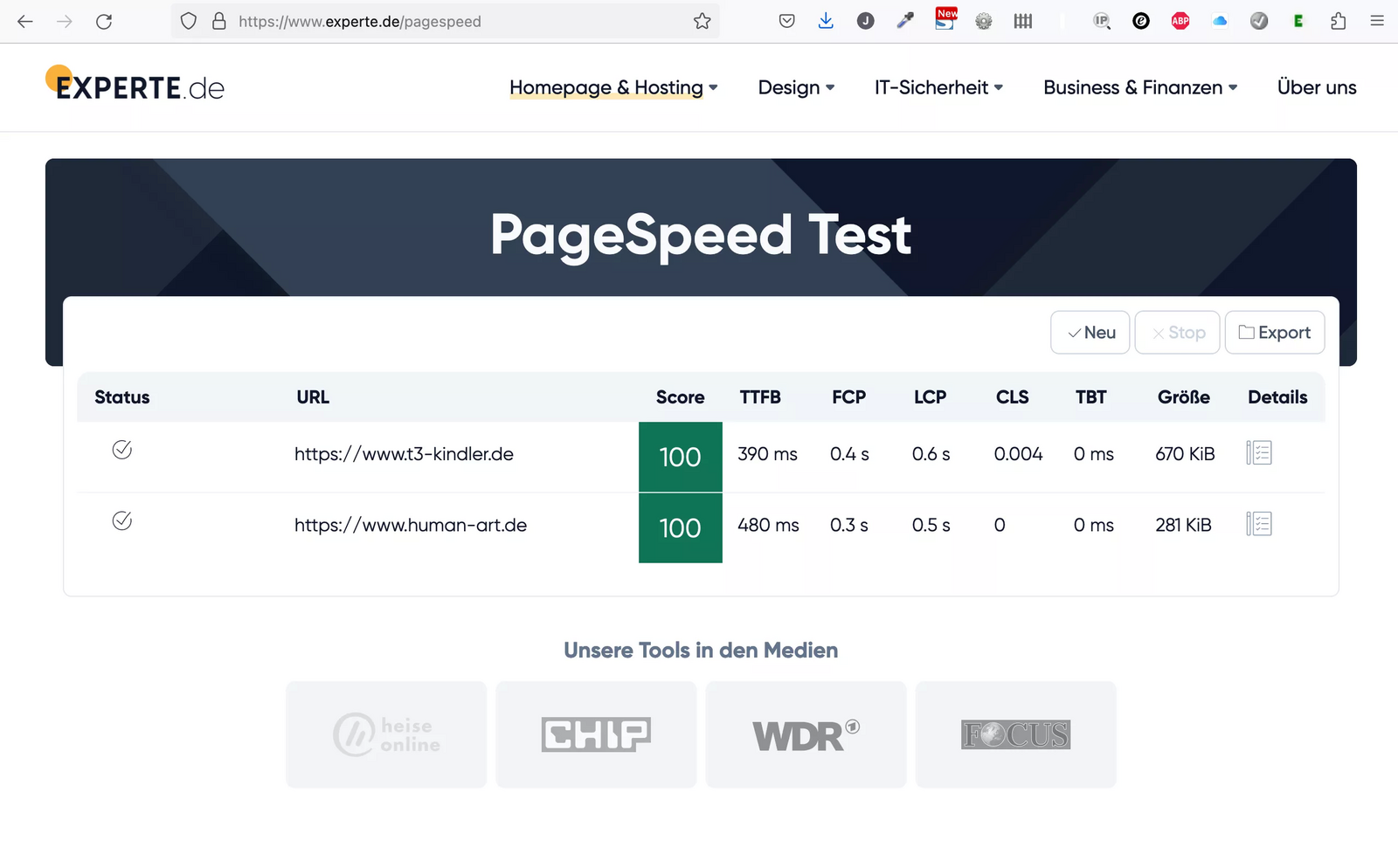 Screenshot EXPERT Pagespeedtest https://www.experte.de/pagespeed