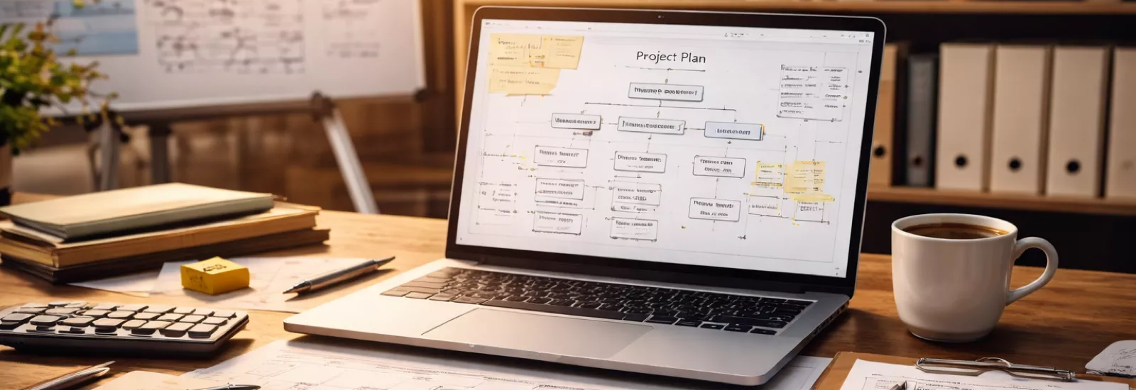 Schreibtisch mit Laptop, auf dem ein Projektplan mit Architekturdiagramm dargestellt ist; daneben Notizen, technische Skizzen und Arbeitsmaterialien in einem Büro.