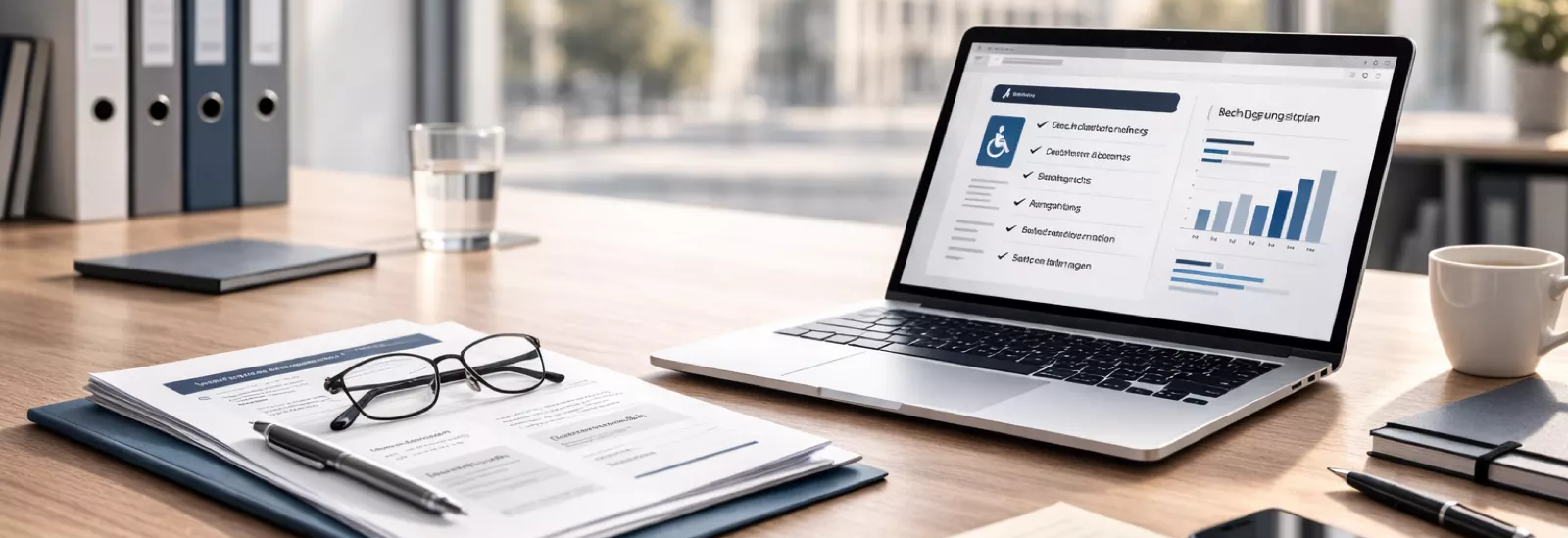 Schreibtisch in hellem Büro mit Laptop, Dokumenten und Notizen vor großem Fenster – ruhige Arbeitsumgebung im Kontext digitaler Qualitäts- und Barrierefreiheitsprüfung.