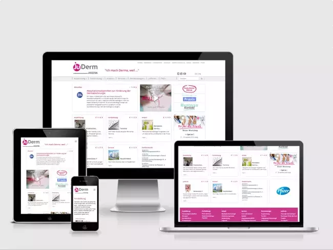 Desktop Monitor, Notebook, Tablet und Smartphone mit der Startseite von JuDerm.de
