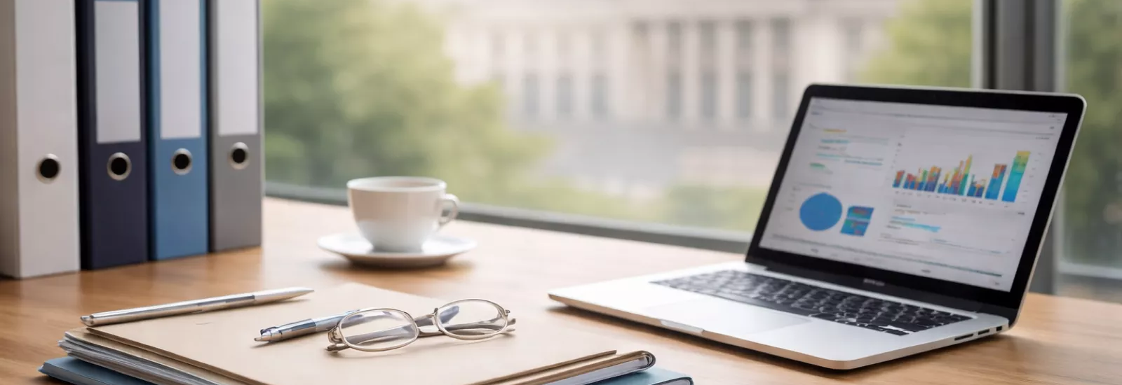 Arbeitsplatz mit Laptop, Aktenordnern und Kaffeetasse vor Fenster mit Blick auf ein Regierungsgebäude in Berlin.