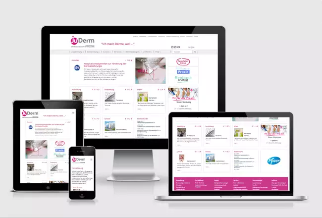 Desktop Monitor, Notebook, Tablet und Smartphone mit der Startseite von JuDerm.de