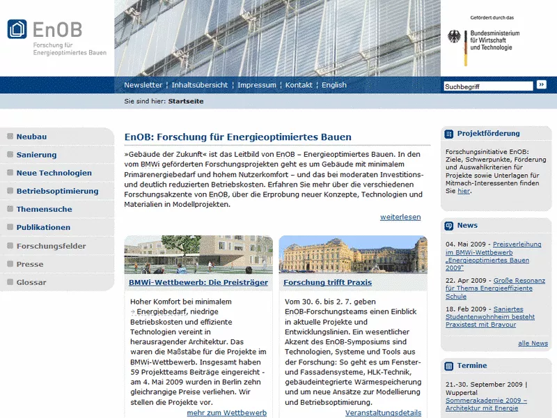 Screenshot der Startseite der Website "EnOb"