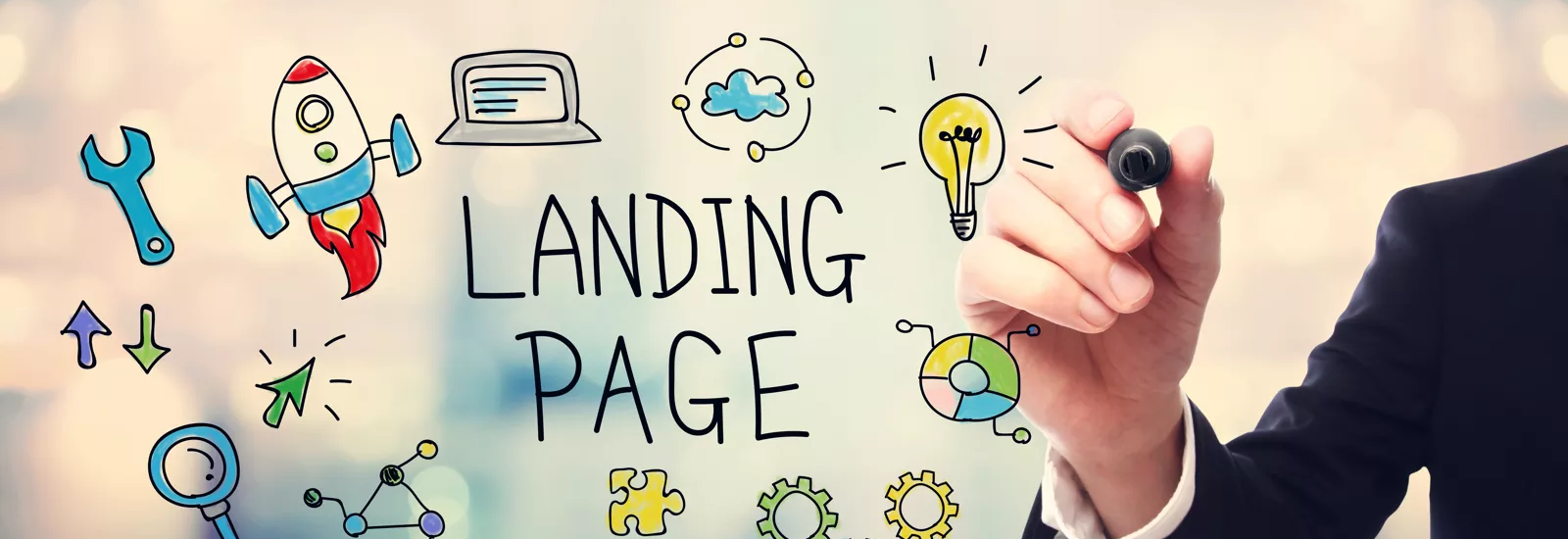 Stockfotografie Geschäftsmann zeichnet Landing Page Konzept