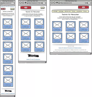 Schematische Darstellung der Startseite von www.human-art.de als Wireframe. Angezeigt wird die unterschiedliche Anordnung der Teaser für die Smartphone-, Tablet- und Desktop-Ansicht.