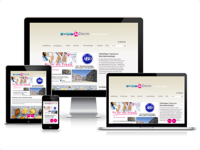 Screenshots der JuDerm Website auf einem desktop Monitor, Nootebook, Tablet und Smartphone
