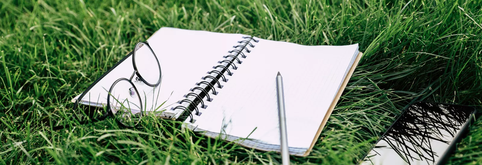 Stockfotografie Notizbuch und digitales Gerät im Gras