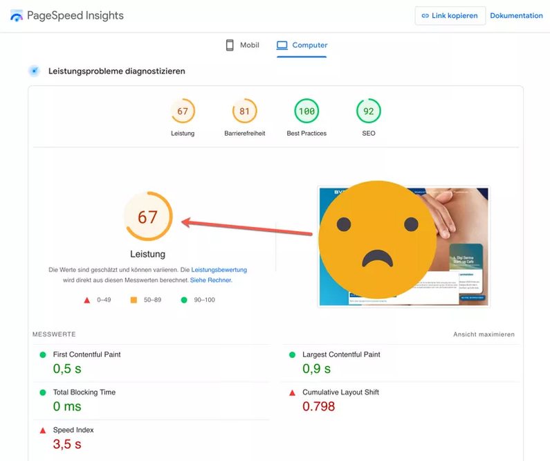 Screenshot Ergebnis PageSpeed Insight der Website von einem Mitbewerber (Desktop)
