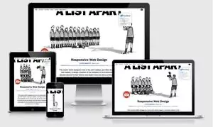 Screenshot des Artikels von Ethan marcotte über Responsive Webdesign. dargestellt auf einem Desktopmonitor, Notebook, tablet und Smartphone.