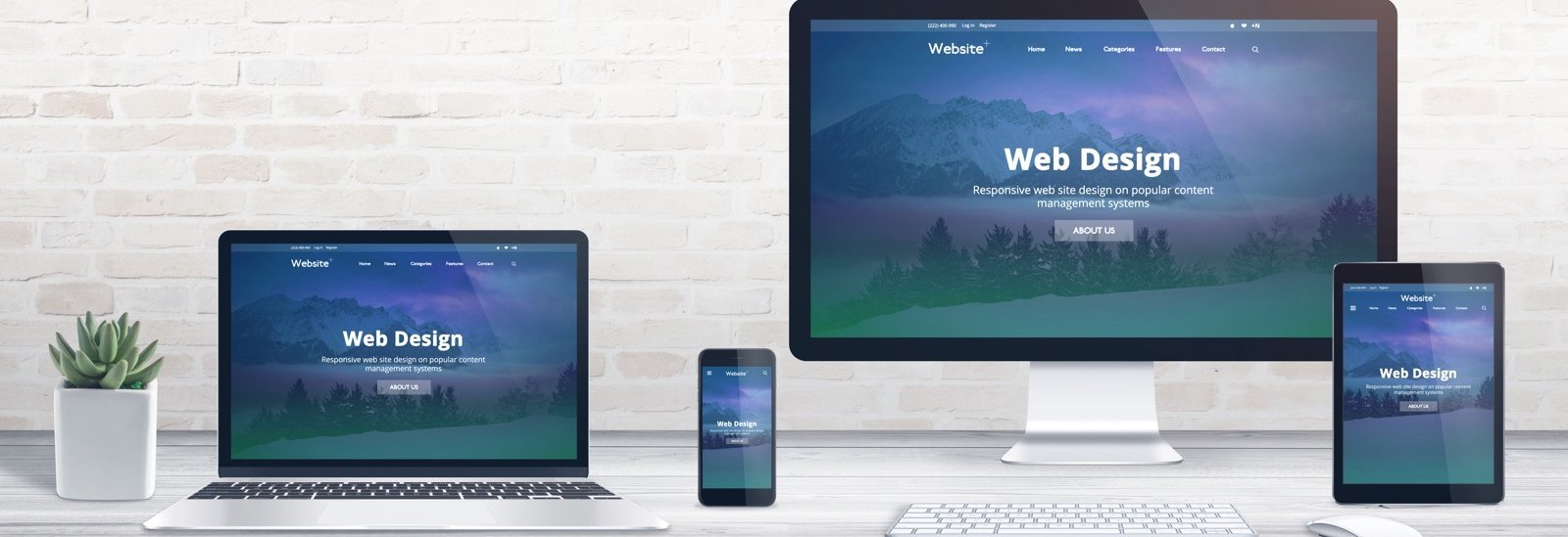 Foto von Notebook, Smartphone, iMac und Tablet nebeneinander angeordnet mit jeweils der gleichen Website auf dem Display