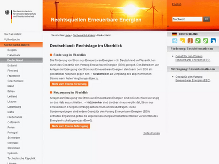 Screenshot Website "Rechtsquellen Erneuerbare Engergien"