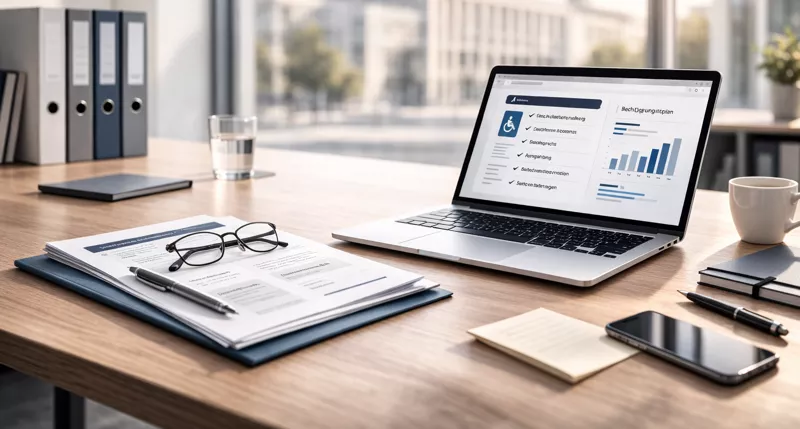 Schreibtisch in hellem Büro mit Laptop, Dokumenten und Notizen vor großem Fenster – ruhige Arbeitsumgebung im Kontext digitaler Qualitäts- und Barrierefreiheitsprüfung.