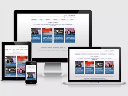 Screenshots der Human Art Website auf einem desktop MONITOR, Nootebook, Tablet und Smartphone