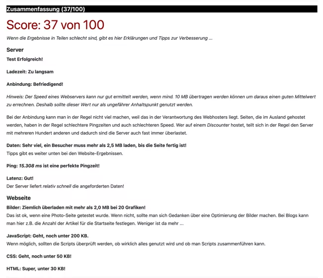 Screenshot eines eher mittelmäßigen Ergebnis eines Test mit pagespeed.de. Diese Website wurde leider nicht von uns umgesetzt (sonst wären die Ebebnisse sicherlich besser)