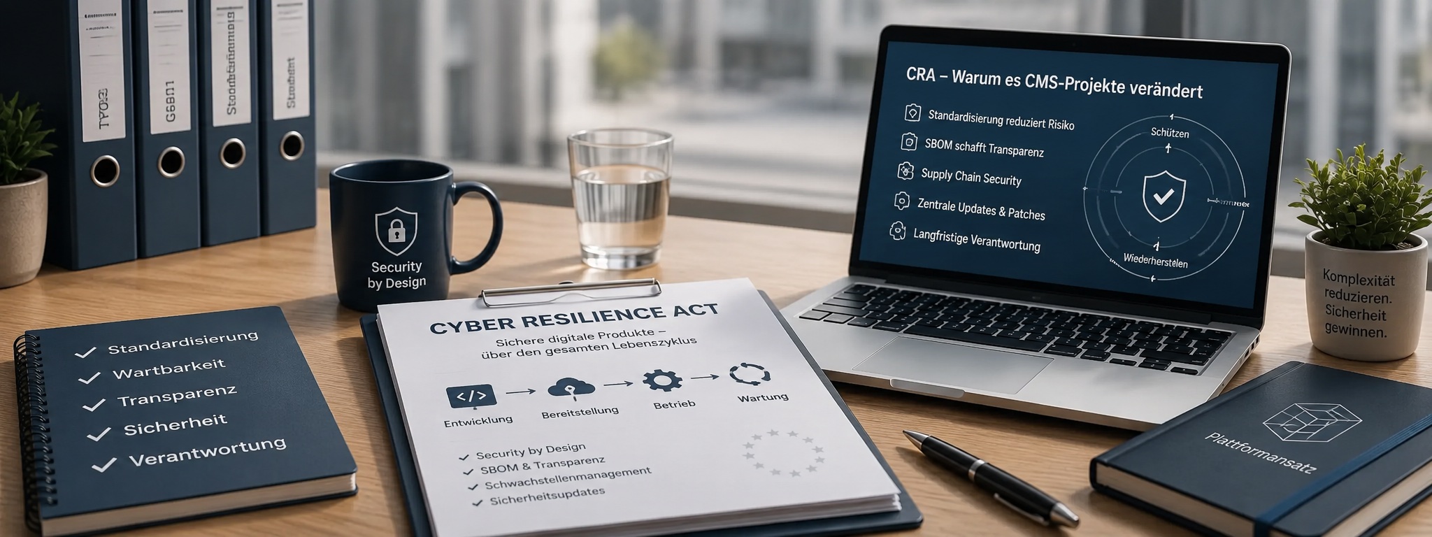 Illustration eines Arbeitsplatzes mit Laptop, TYPO3-Code und Unterlagen zum Cyber Resilience Act als Symbol für Security by Design und den sicheren Software-Lebenszyklus.