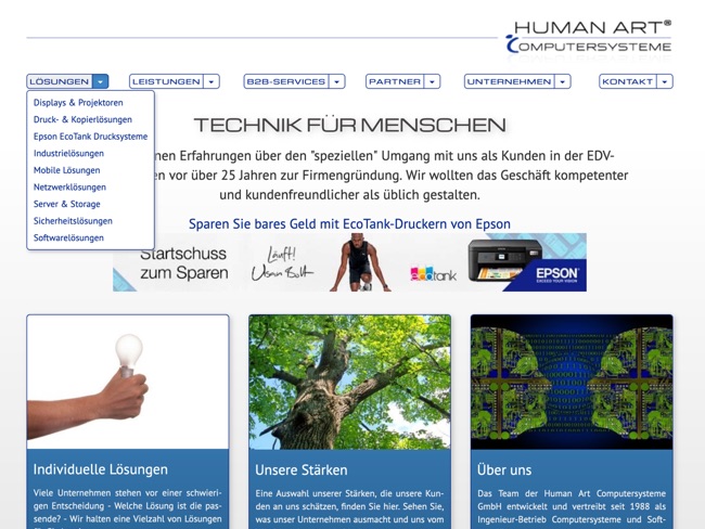 Screenshot Website von Human Art Computersysteme GmbH