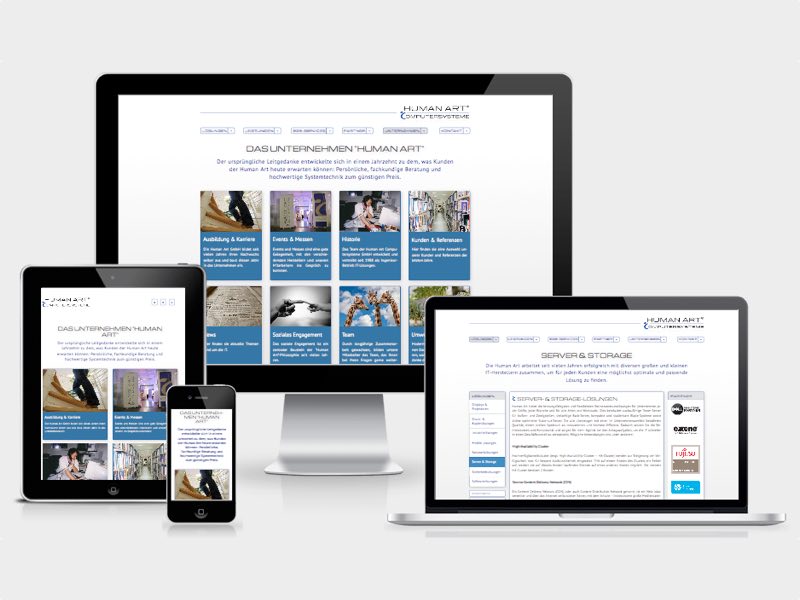 Screenshots der Human Art Website auf einem desktop MONITOR, Nootebook, Tablet und Smartphone